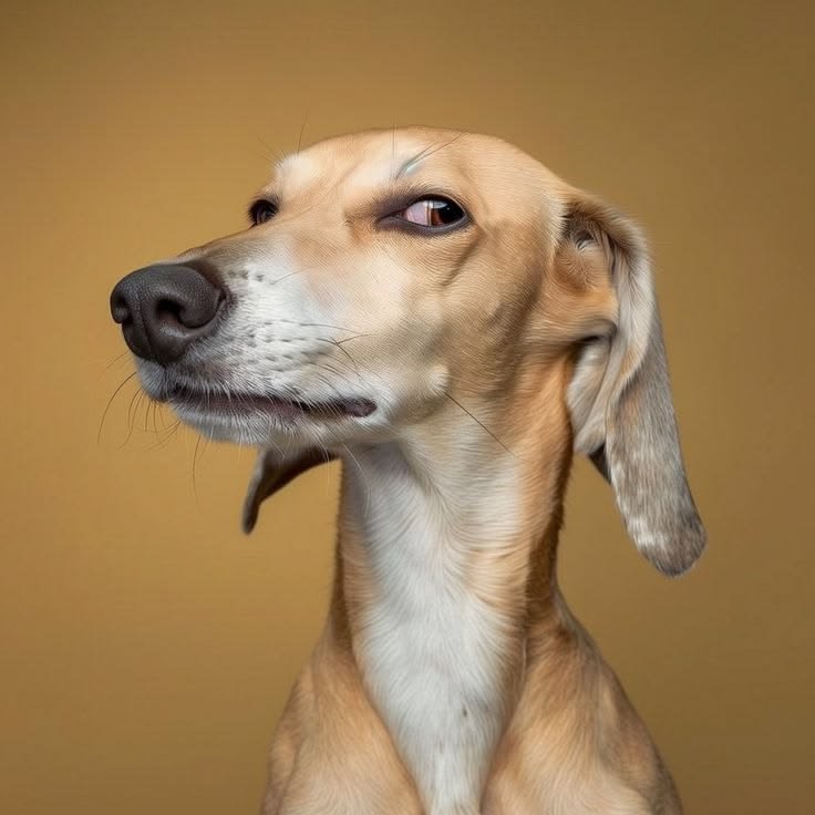 Close‑up van een lichtbruine hond met lange oren en een spottende blik tegen een beige achtergrond