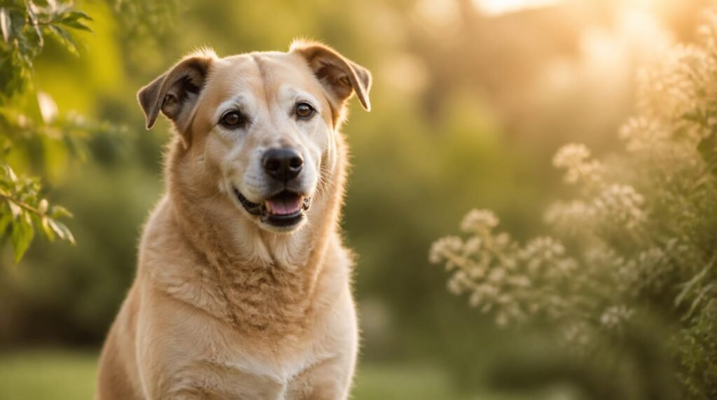 Oudere lichtbruine hond zit rustig in groene tuin bij zonlicht, symbool voor natuurlijke verzorging en welzijn.