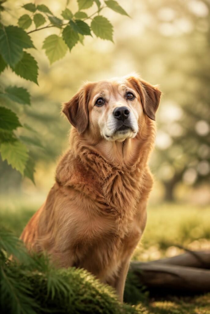 Oudere goudbruine hond zit rustig buiten in groene omgeving, symbool voor natuurlijke verzorging en welzijn.