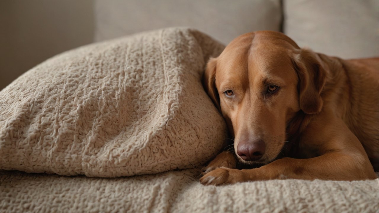 Oudere bruine hond ligt rustig op zachte beige plaid, symbool voor comfort en verzorging bij senior honden.