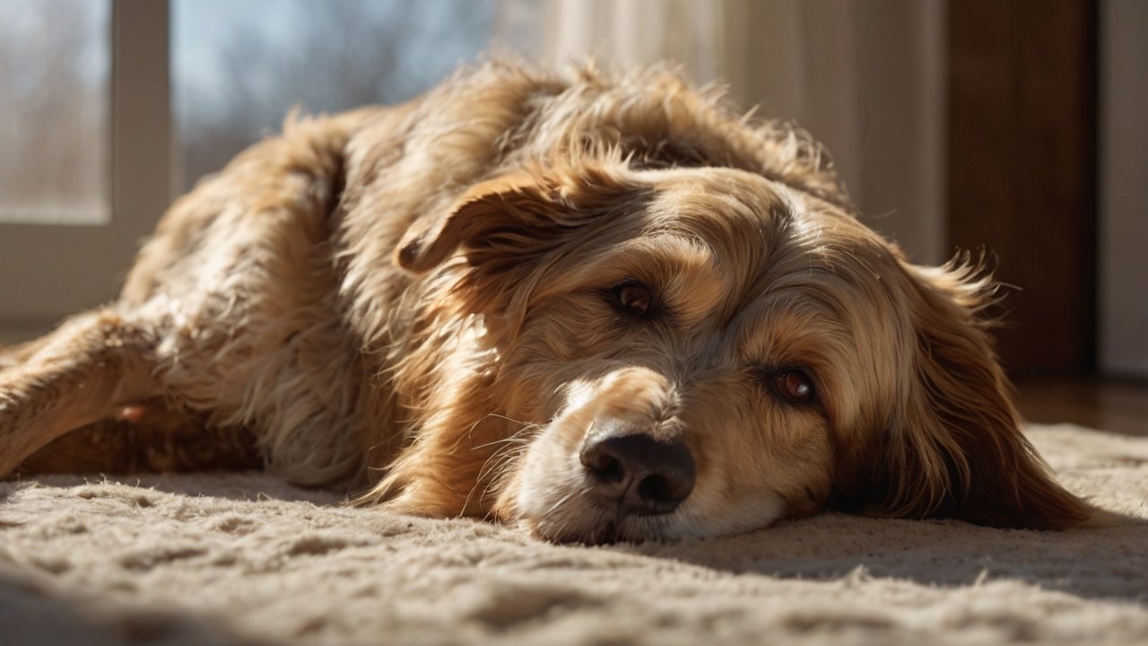 Senior hond ligt ontspannen in het zonlicht op een zacht tapijt – symbool voor natuurlijke verzorging en rust