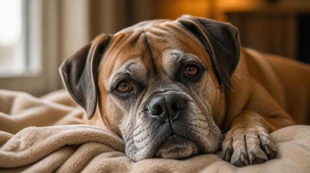 Senior boxer met bruine ogen ligt rustig op beige deken in warme verlichting