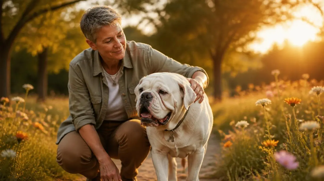 Senior bulldog wandelt met zijn baasje tussen wilde bloemen bij zonsondergang – symbool voor natuurlijke verzorging en welzijn