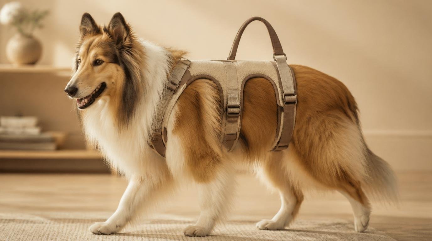 Senior Collie‑hond met ondersteunend harnas loopt rustig binnenshuis op lichte vloer