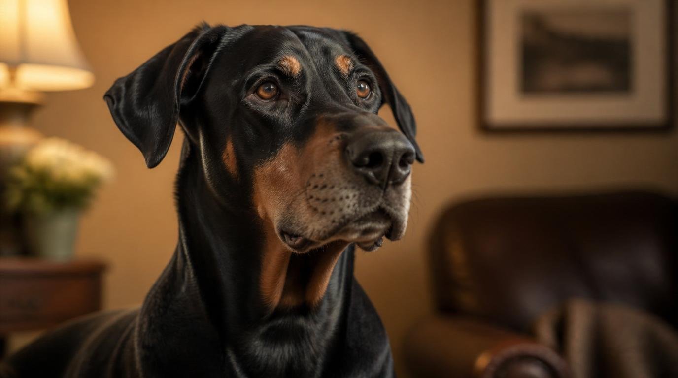 Senior Dobermann zit rustig in een warme woonkamer – symbool voor rust, verzorging en welzijn