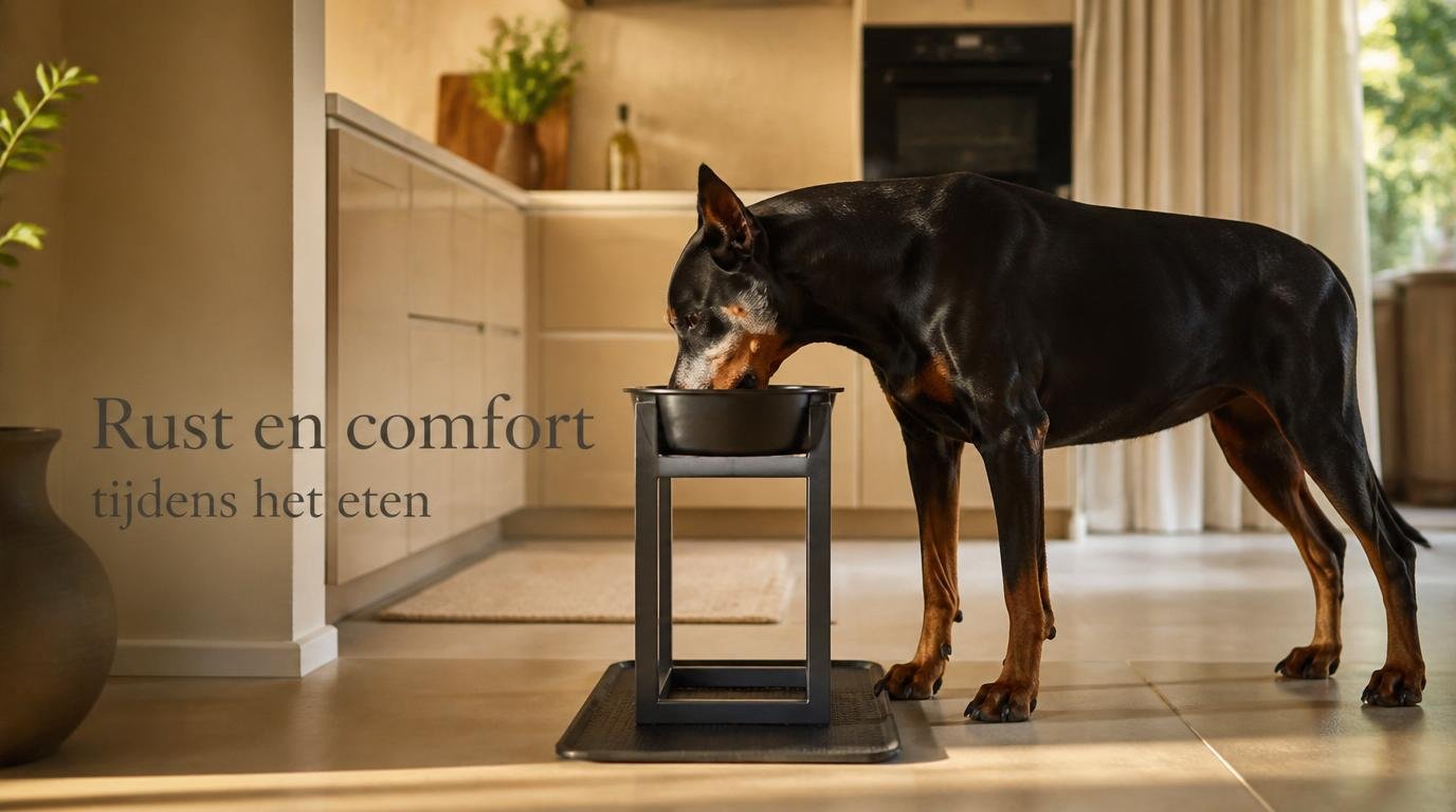 Senior Dobermann eet langzaam uit een verhoogde voerbak in een warme woonkamer – symbool voor rust en ergonomisch comfort