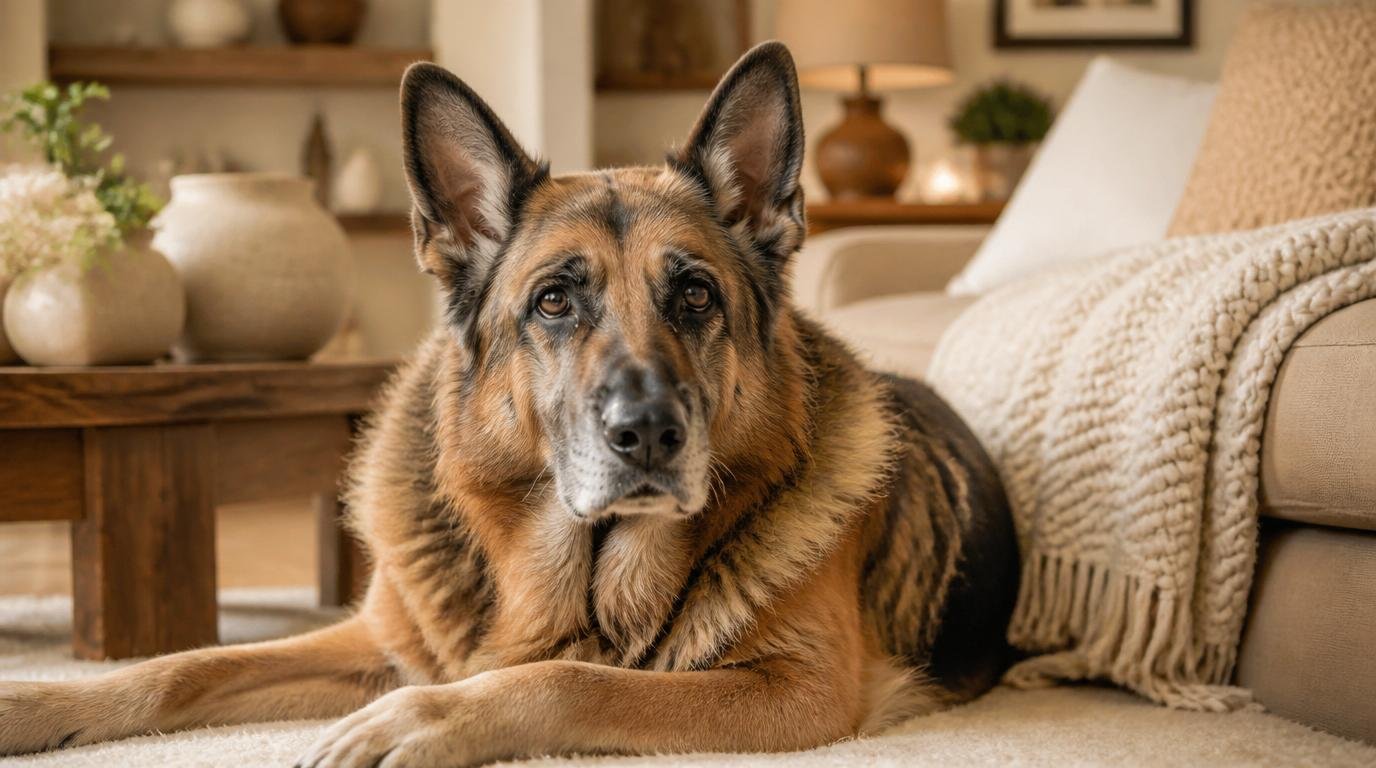Senior Duitse herder ligt ontspannen op een licht tapijt in een warme beige woonkamer met natuurlijke verlichting