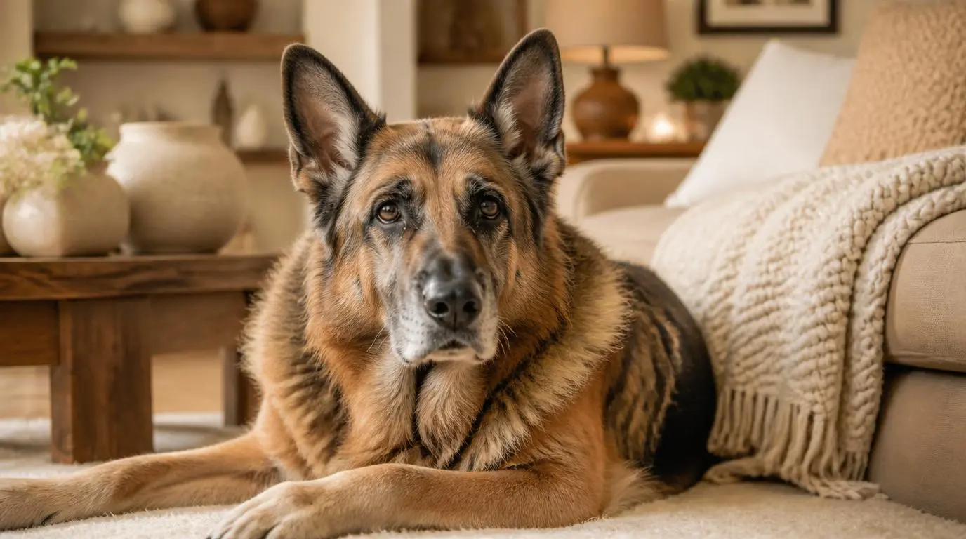 Senior Duitse herder ligt ontspannen op een licht tapijt in een warme beige woonkamer met natuurlijke verlichting