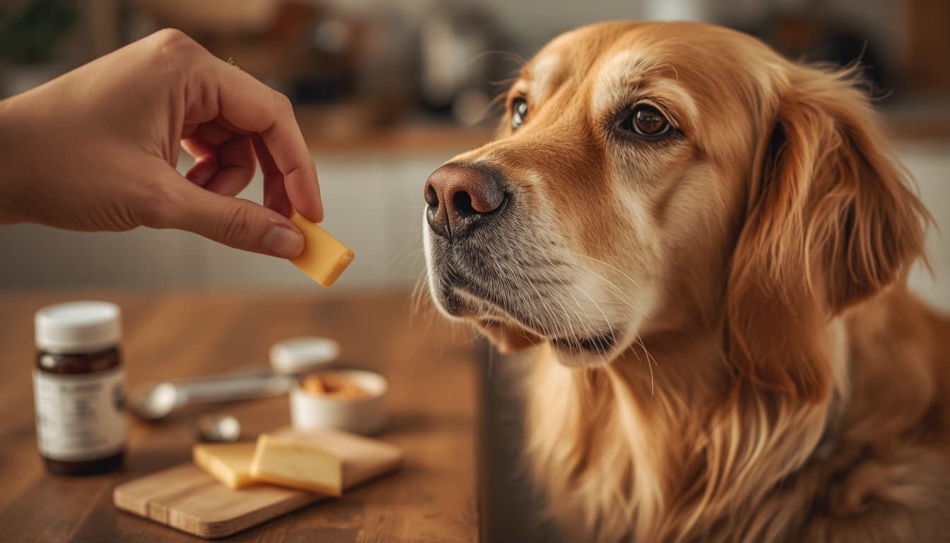 Senior golden retriever kijkt naar hand met stukje kaas op houten tafel met supplementen