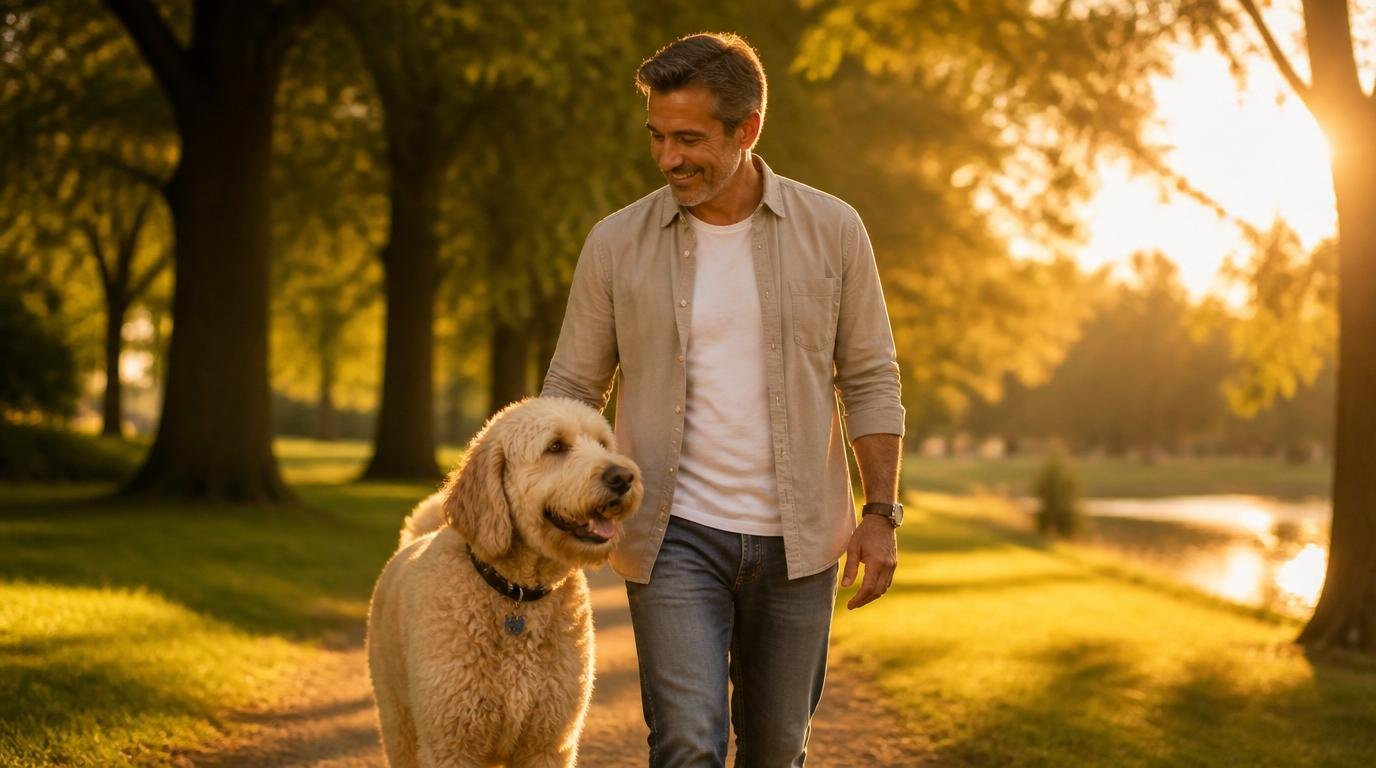 Senior Goldendoodle met dikke krulvacht wandelt langzaam naast zijn eigenaar in het park tijdens zonsondergang