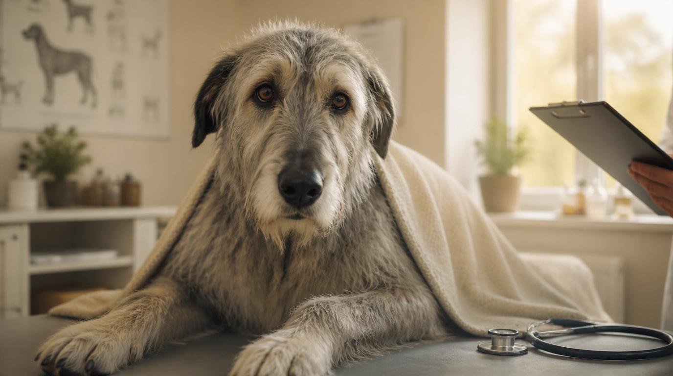 Senior hond ligt op onderzoekstafel bij dierenarts voor controle op artrose, met stethoscoop en warme belichting.