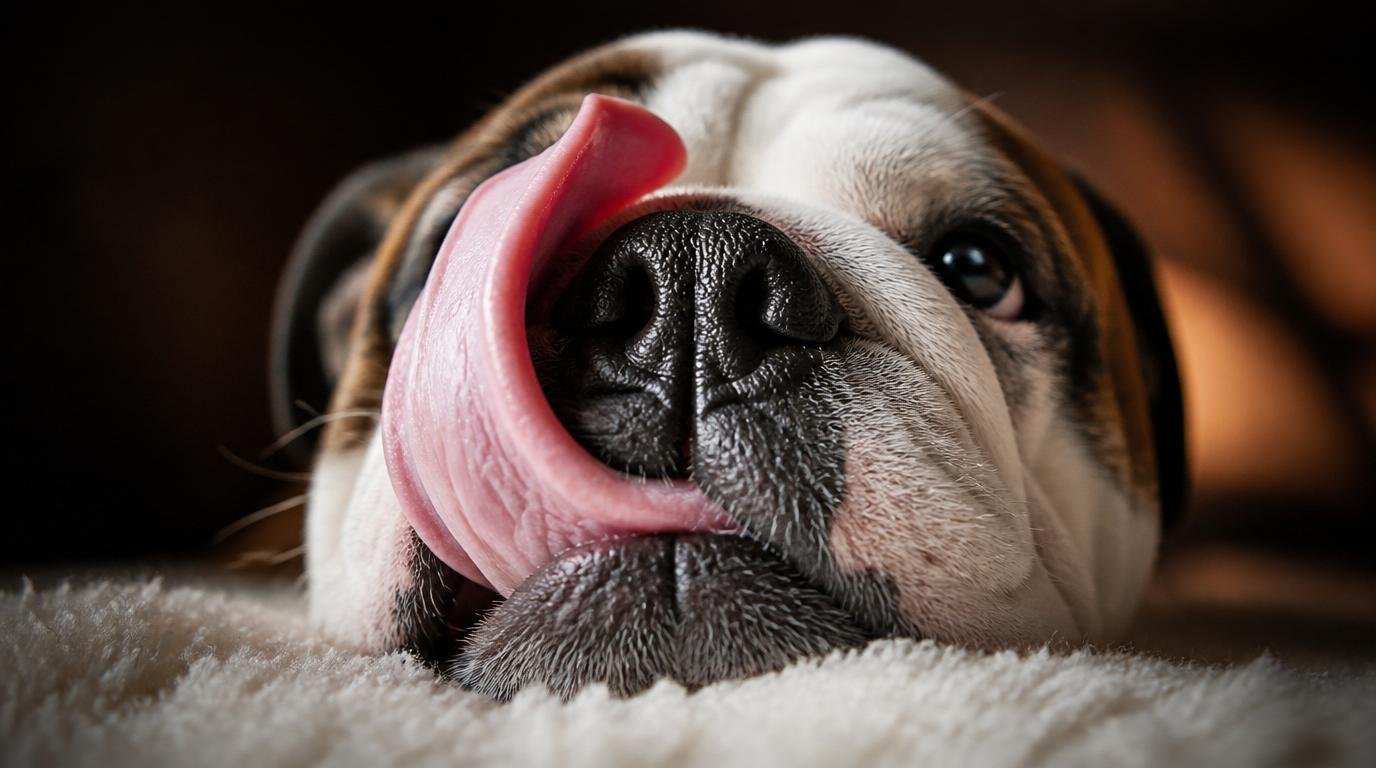 Close-up van bulldog die zijn neus likt met de tong omhoog in warm licht
