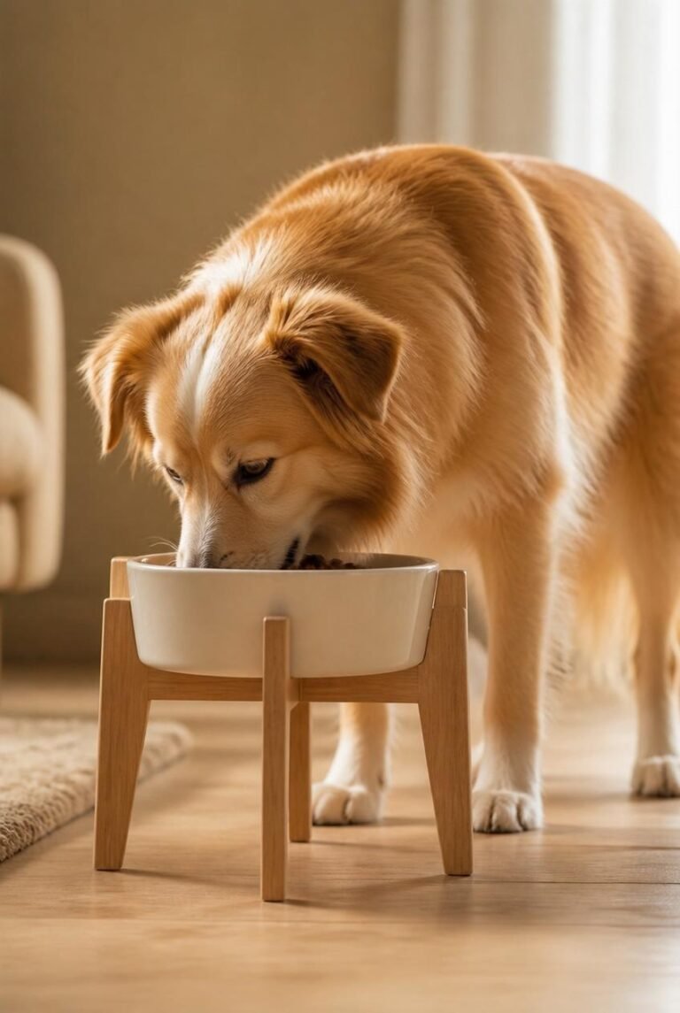 Oudere lichtbruine hond eet rustig uit verhoogde voerbak, symbool voor gezonde voeding en comfort.