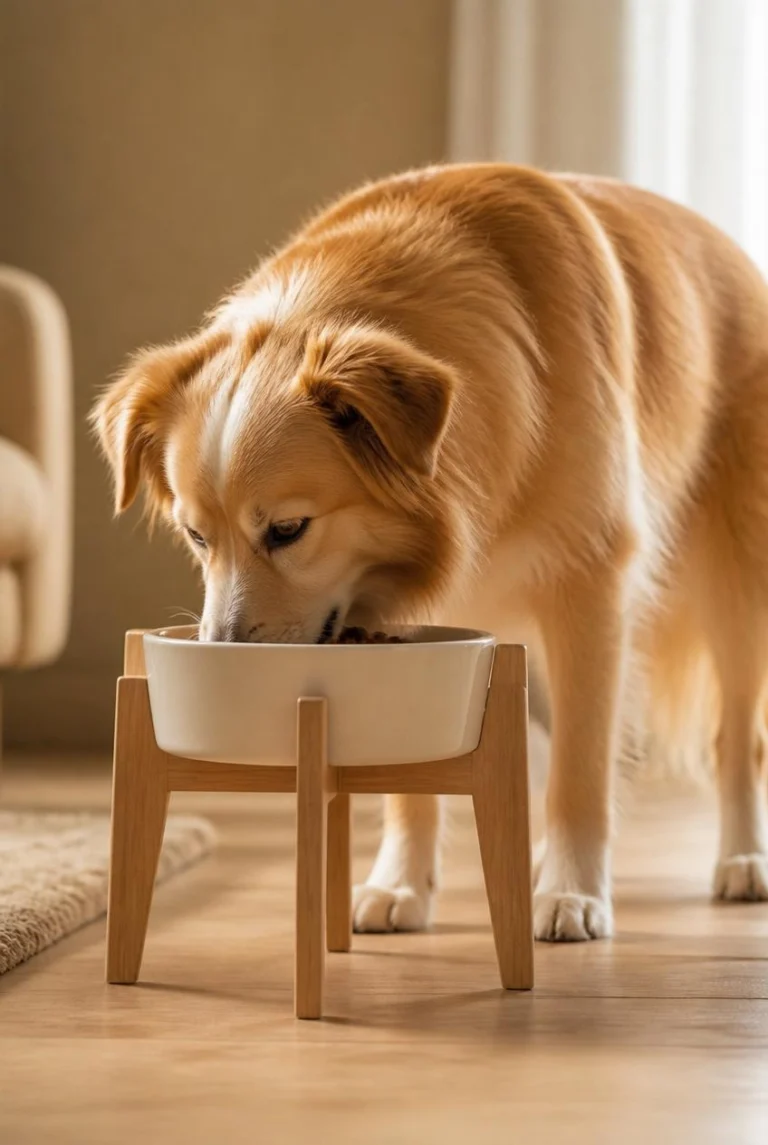 Oudere lichtbruine hond eet rustig uit verhoogde voerbak, symbool voor gezonde voeding en comfort.