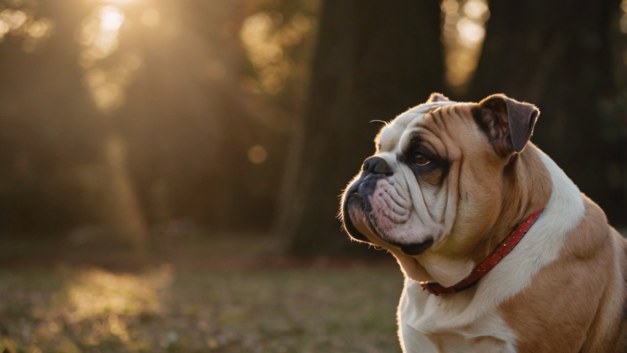 Oudere Engelse bulldog met rode halsband zit rustig in het gras bij zonsondergang