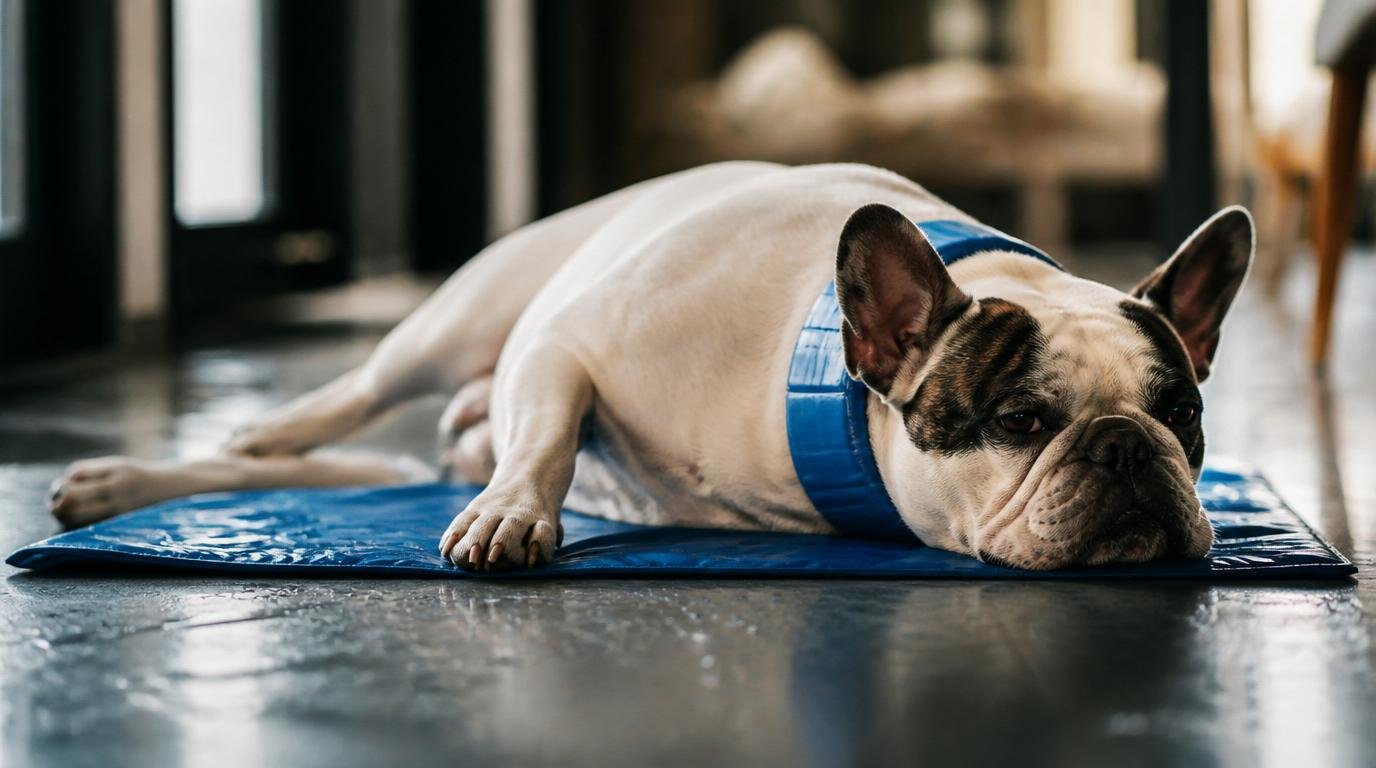 Franse Bulldog met witte vacht en donkere vlekken ligt op blauwe koelmat en draagt een koelhalsband binnen bij daglicht