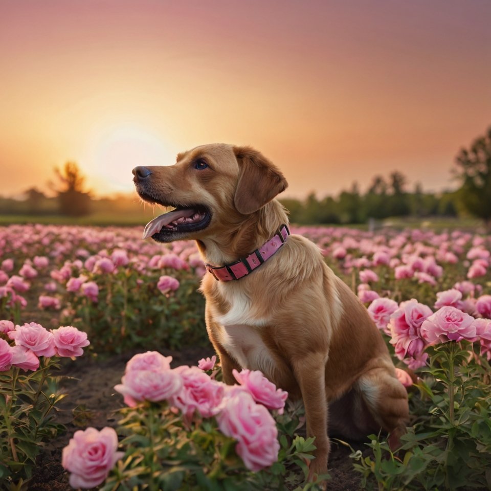 Gouden Labrador met roze halsband zit in een veld vol roze bloemen bij zonsondergang