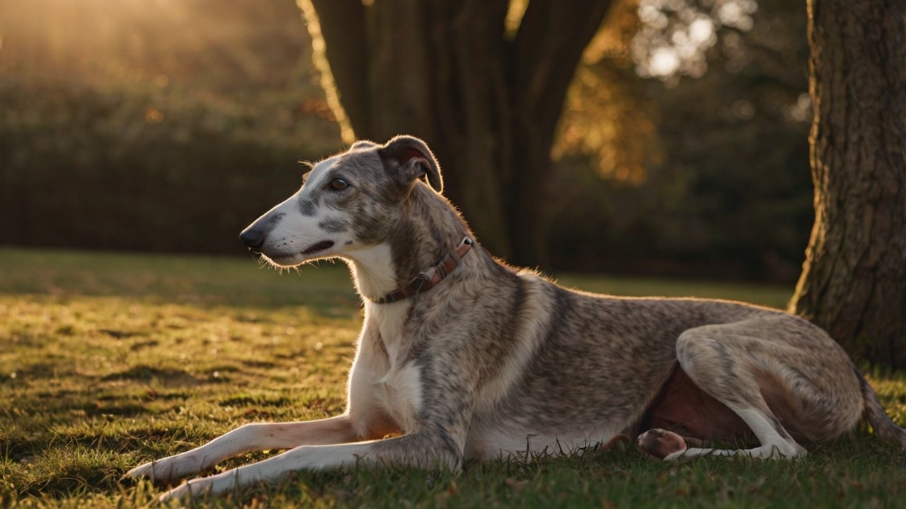 Oudere greyhound ligt ontspannen in het gras bij zonsondergang met warme gloed
