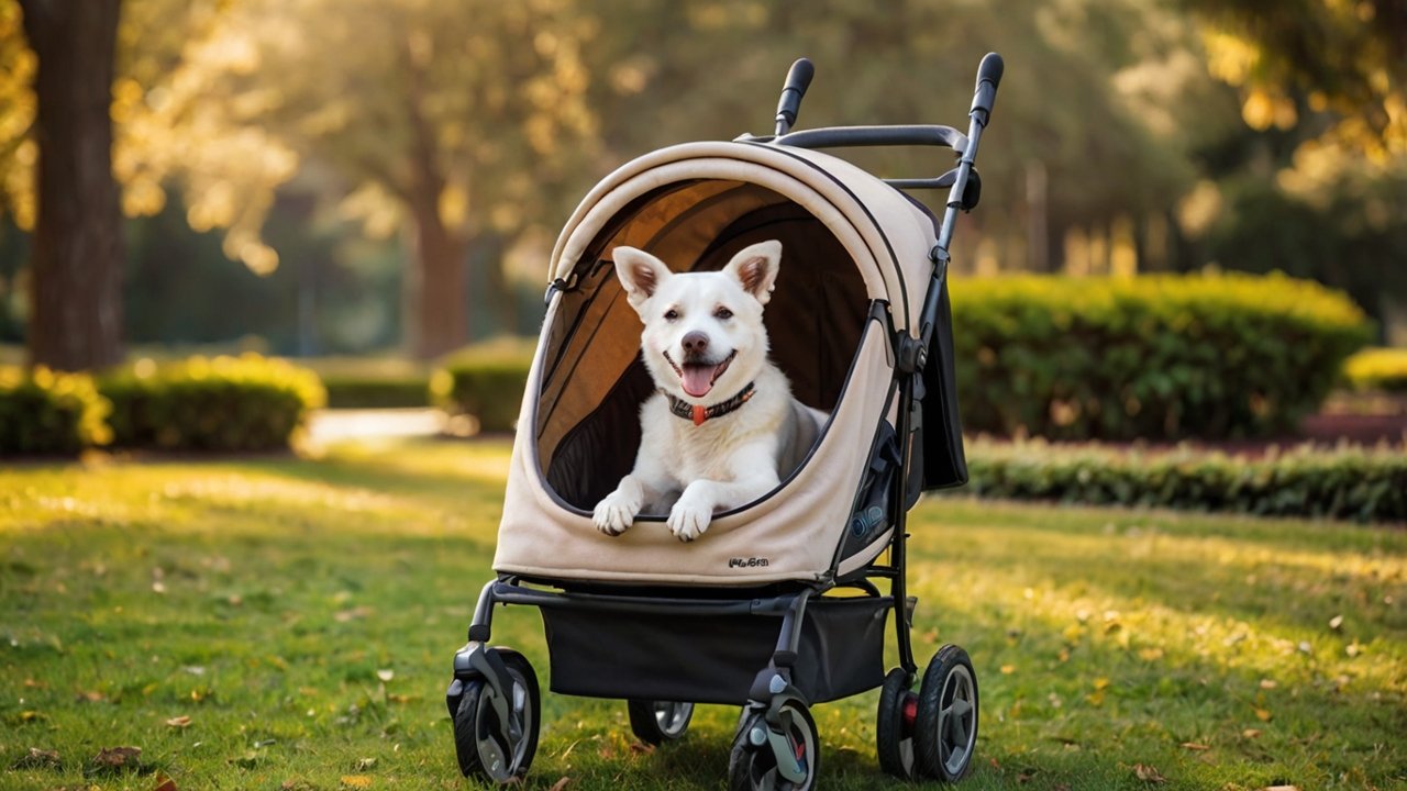 Witte senior hond zit comfortabel in beige hondenbuggy op grasveld in park