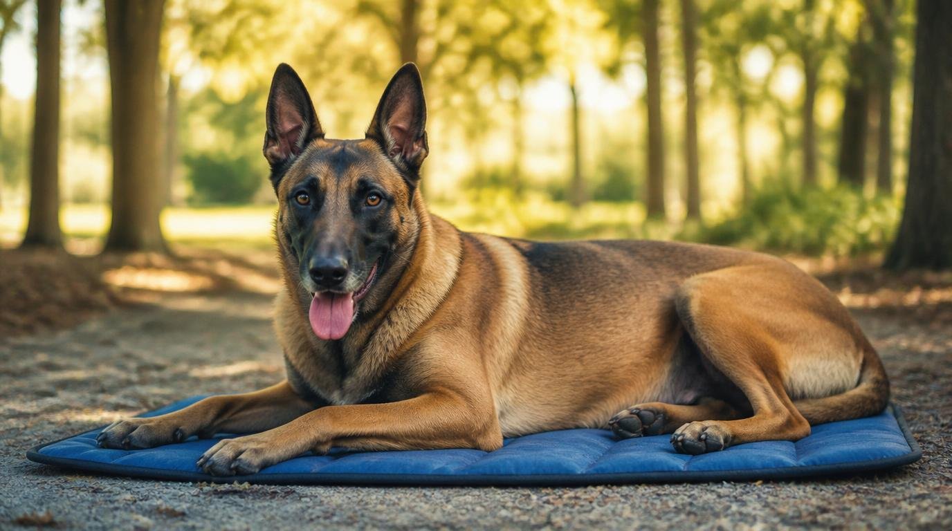 Grote senior hond ligt ontspannen op een blauwe koelmat in een bosrijke omgeving – symbool voor verkoeling en welzijn