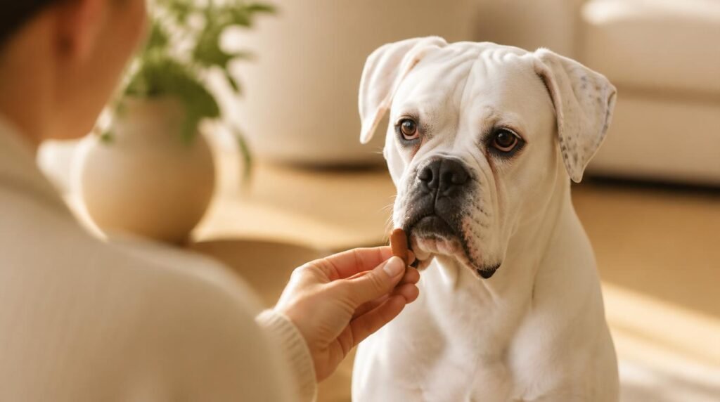 Oudere witte hond krijgt supplement als beloning in warme woonkamer, symbool voor zorg en welzijn.