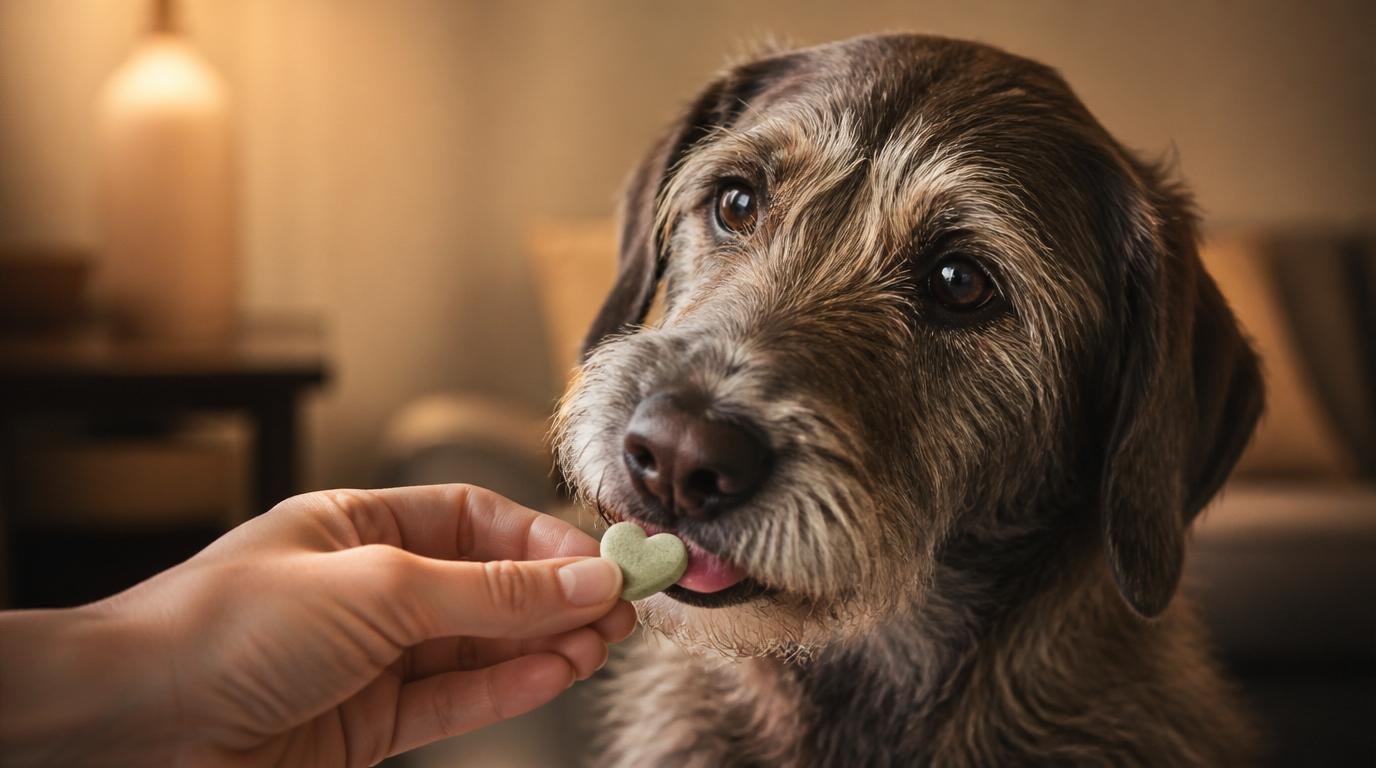 Oudere hond krijgt hartvormig supplement van baasje, symbool voor liefdevolle verzorging en gezondheid bij senior honden.