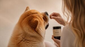 Vrouw geeft supplement aan oudere hond, symbool voor zorg, voeding en welzijn bij senior honden.