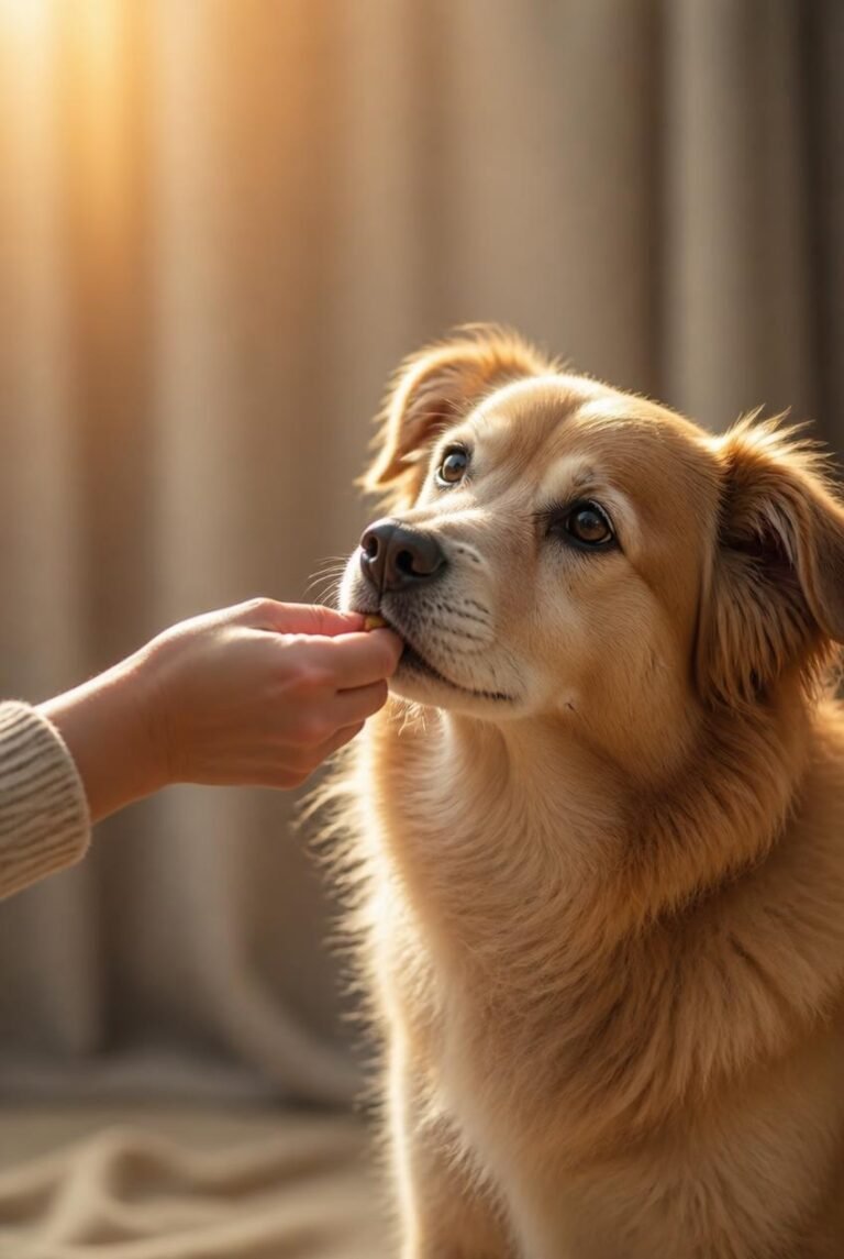 Oudere lichtbruine hond krijgt een beloning van zijn baasje, symbool voor zorg en aandacht.