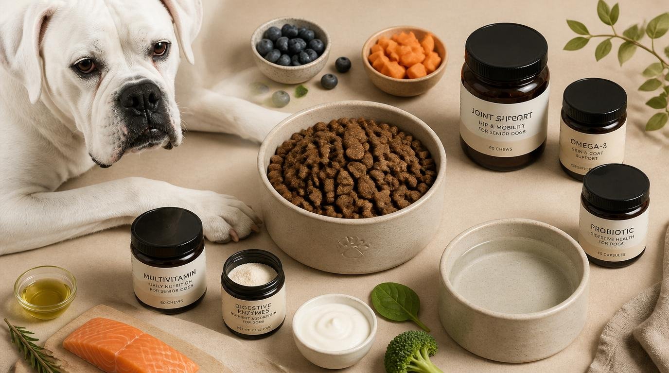 Flatlay van voeding en supplementen voor senior honden met witte boxer, inclusief zalm, groenten en probiotica.