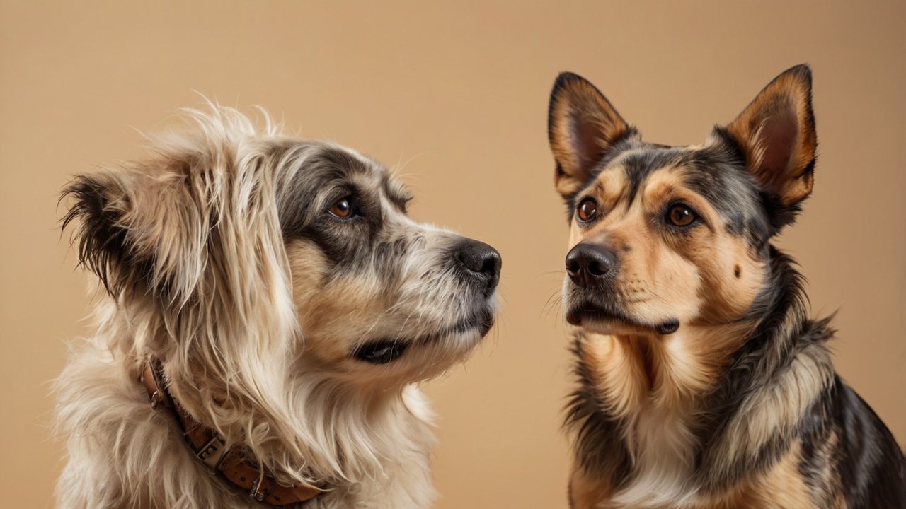 Twee senior honden kijken elkaar rustig aan tegen beige achtergrond, symbool voor gedrag en verbondenheid bij oudere honden.