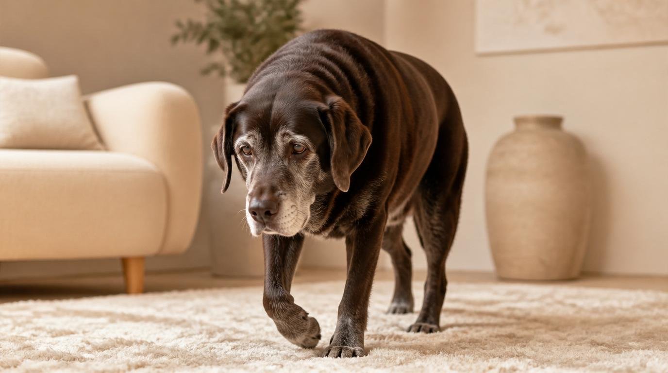 Oudere bruine Labrador loopt rustig door woonkamer met beige tinten, symbool voor veranderingen in gedrag en welzijn bij senior honden.