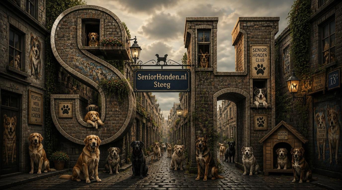 3D‑letters S en H vormen SeniorHonden.nl‑steeg met oudere honden, symbool voor zorg en community.