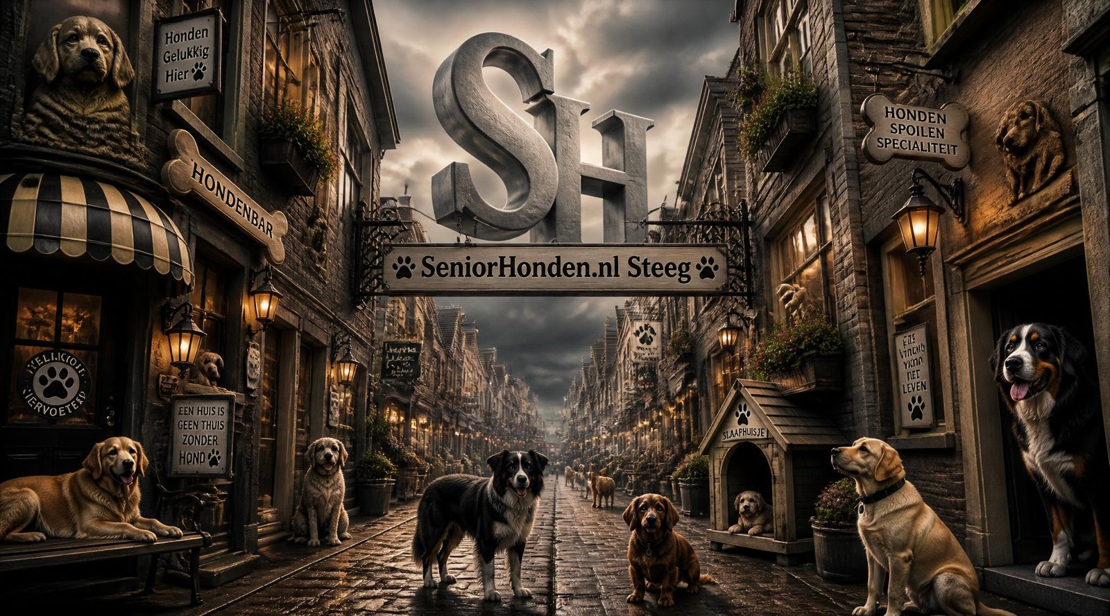 3D‑letters S en H boven SeniorHonden.nl‑steeg met honden, symbool voor zorg, respect en gemeenschap.