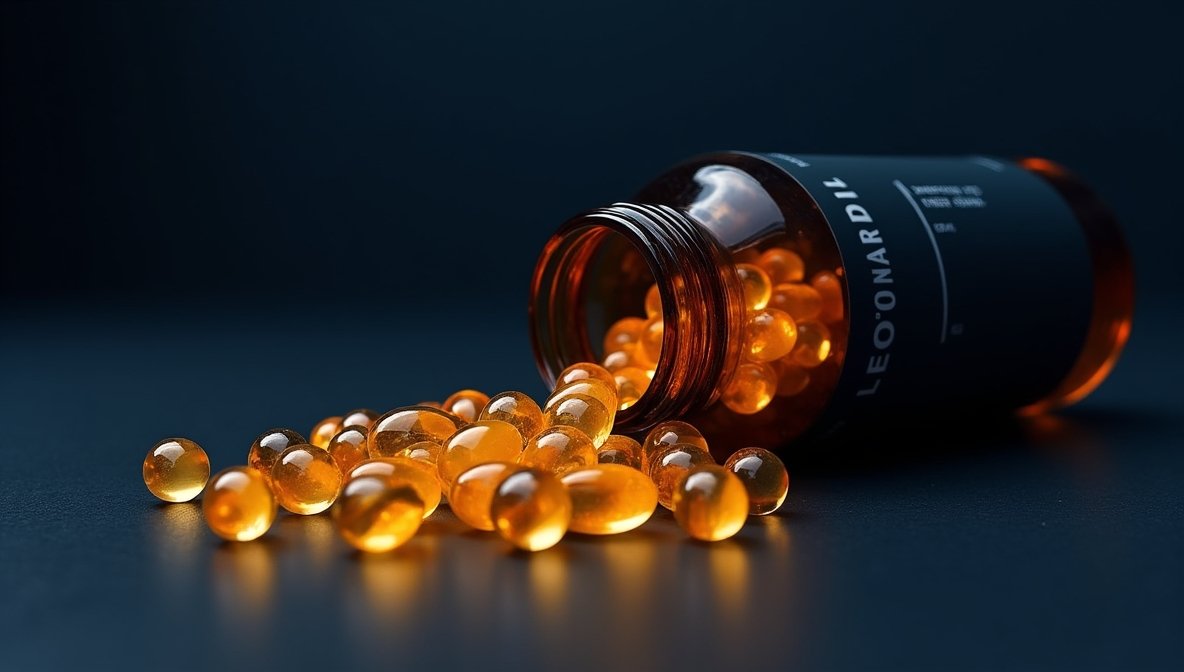 Amberkleurige fles met gouden visoliecapsules op donkere achtergrond – symbool voor zuivere gewrichtsondersteuning