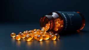 Amberkleurige fles met gouden visoliecapsules op donkere achtergrond – symbool voor zuivere gewrichtsondersteuning