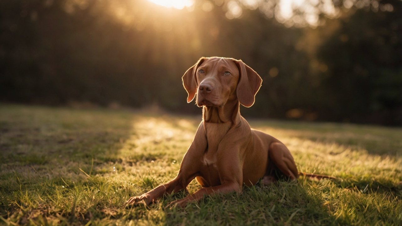 Bruine Vizsla ligt ontspannen op gras in warm avondlicht – symbool voor rust, herstel en welzijn