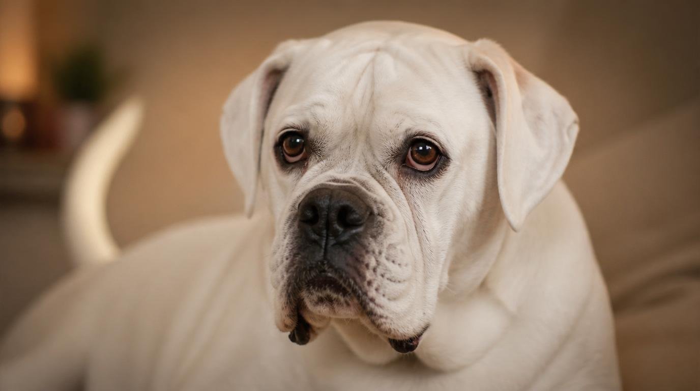 Witte senior boxer hond met rustige blik en grijzende snuit, symbool voor verzorging en waardigheid bij oudere honden.
