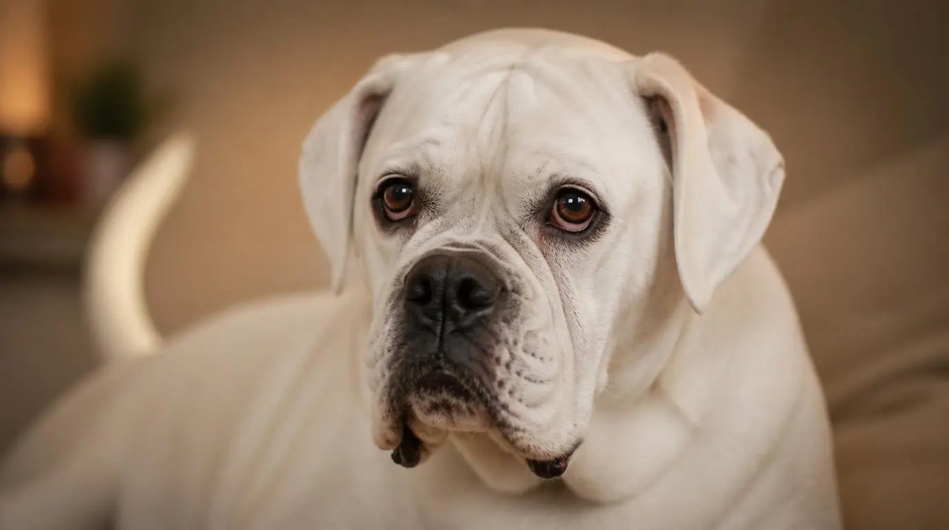 Witte senior boxer hond met rustige blik en grijzende snuit, symbool voor verzorging en waardigheid bij oudere honden.