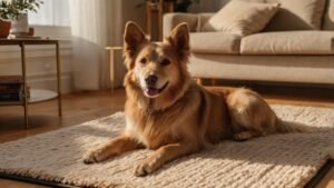 Lichtbruine hond ligt op beige antislipmat in warme woonkamer met zachte zon en lichte bank op de achtergrond.