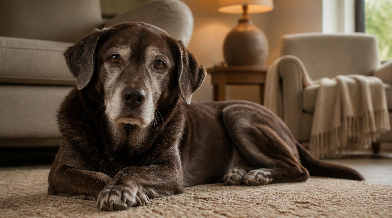 Donkerbruine senior hond ligt ontspannen op beige tapijt in warme woonkamer