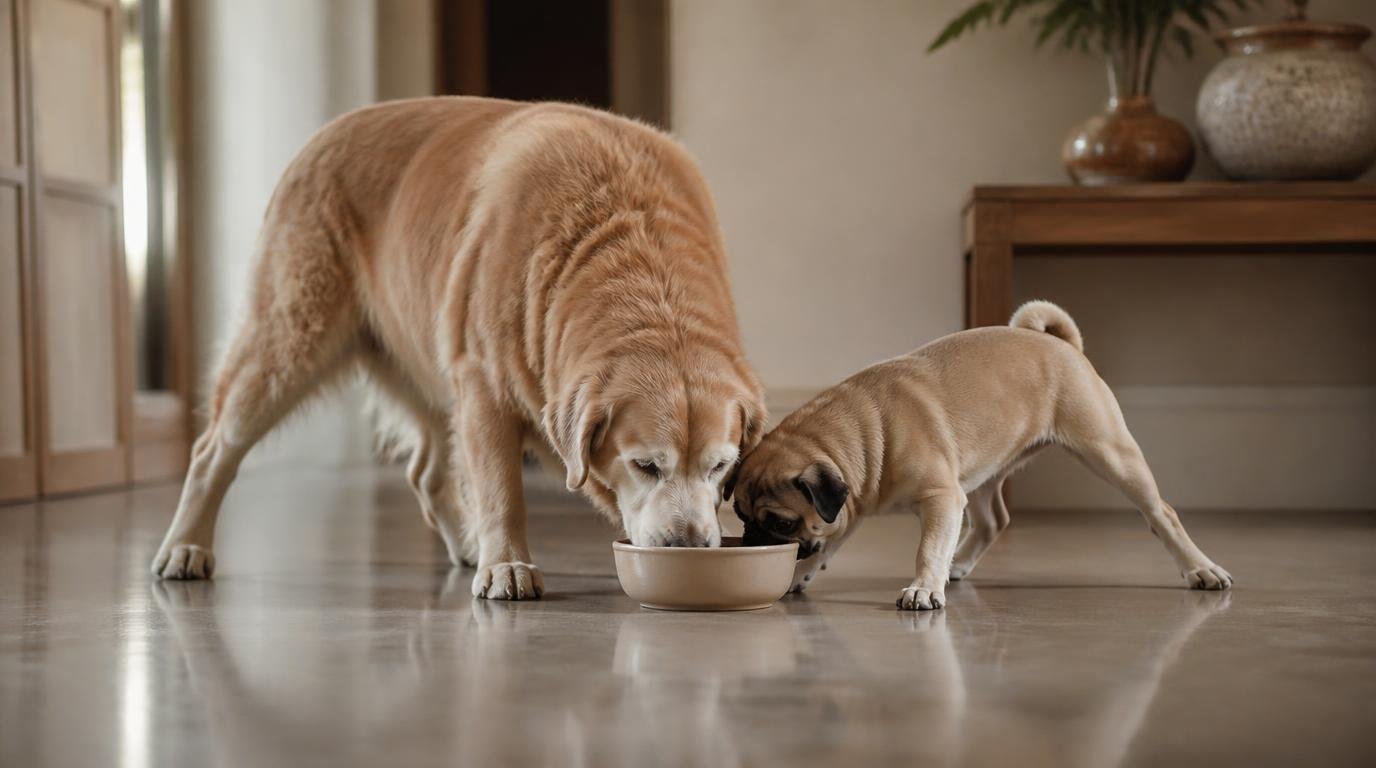 Grote en kleine hond eten samen uit een kom op een gladde vloer, poten glijden licht uiteen