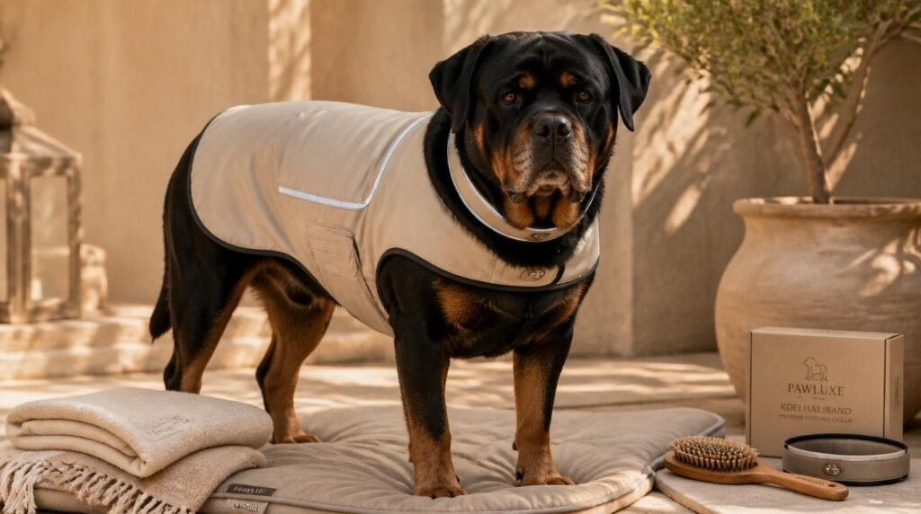 Senior hond met koelvest en halsband op zachte ondergrond in warme omgeving