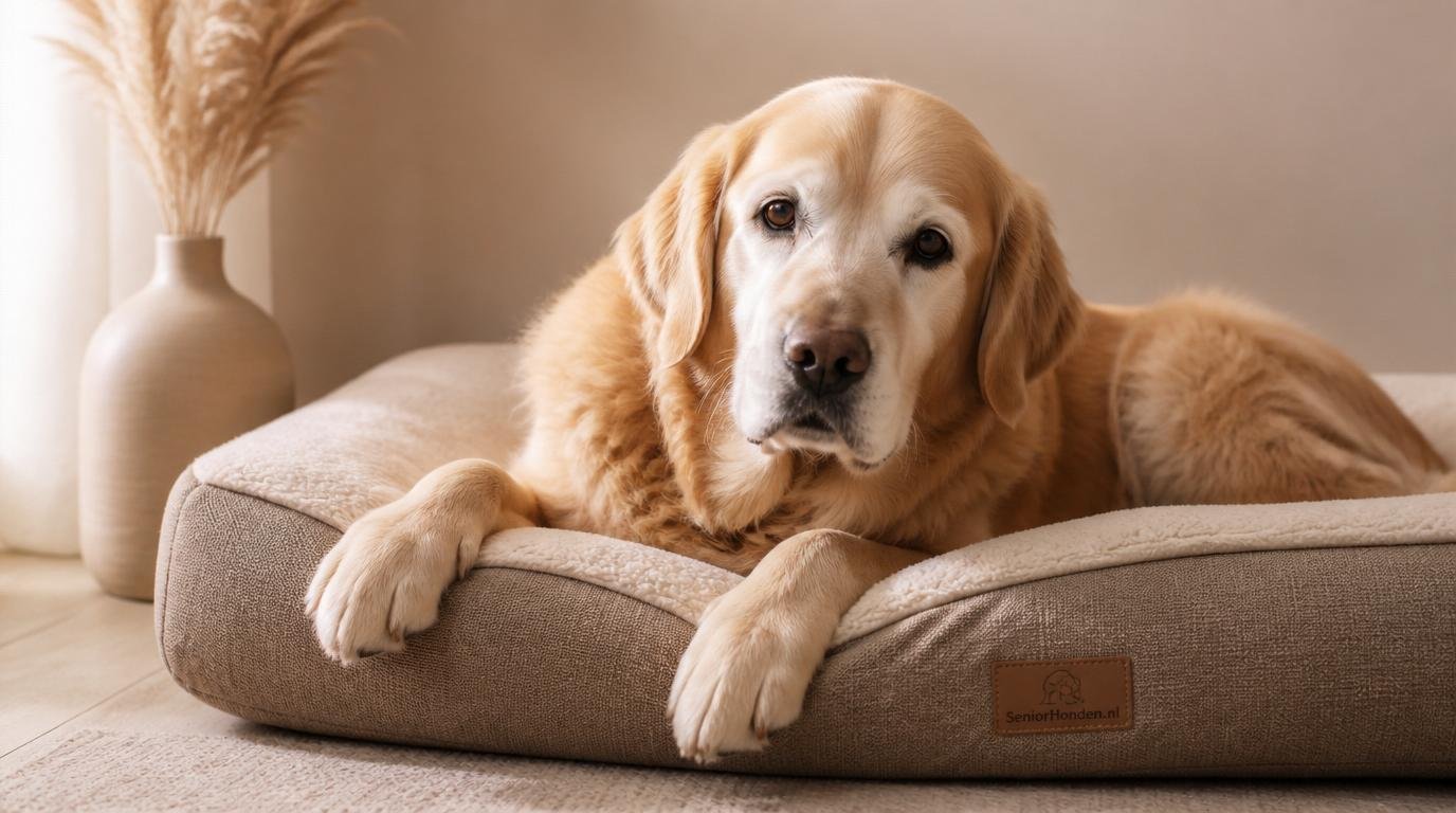 Senior golden retriever ligt ontspannen op warm beige orthopedisch hondenkussen in rustige woonkamer