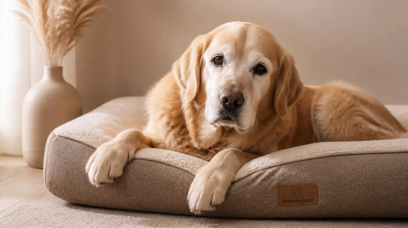 Senior golden retriever ligt ontspannen op warm beige orthopedisch hondenkussen in rustige woonkamer