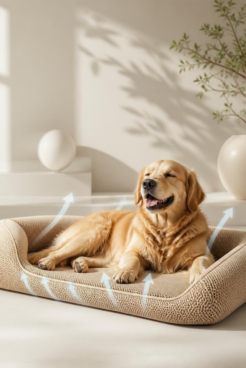 Blije senior golden retriever ligt op beige orthopedisch hondenbed met pijlen die luchtcirculatie tonen