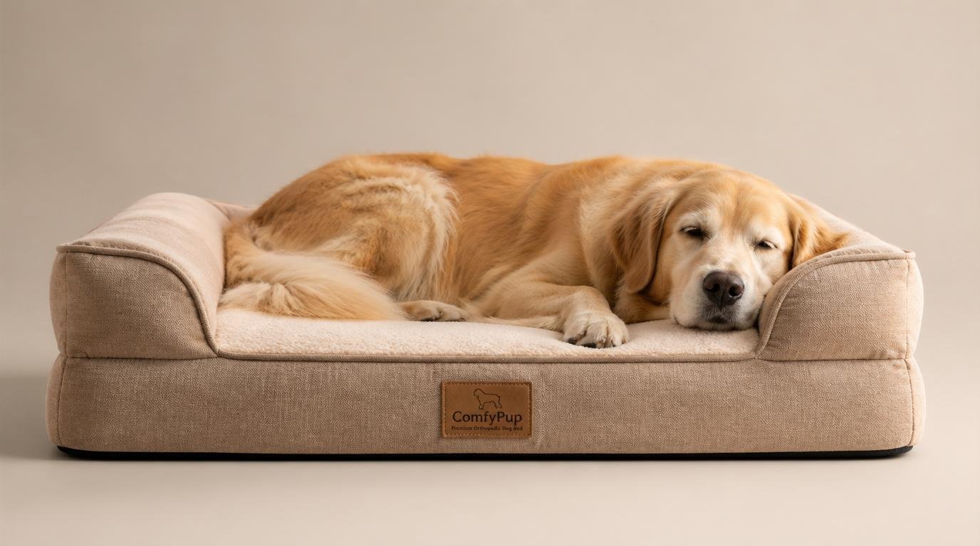 Senior Golden Retriever met lichte vacht ligt ontspannen op een beige ComfyPup orthopedische hondenmand, symbool voor comfort en gewrichtsondersteuning bij oudere honden