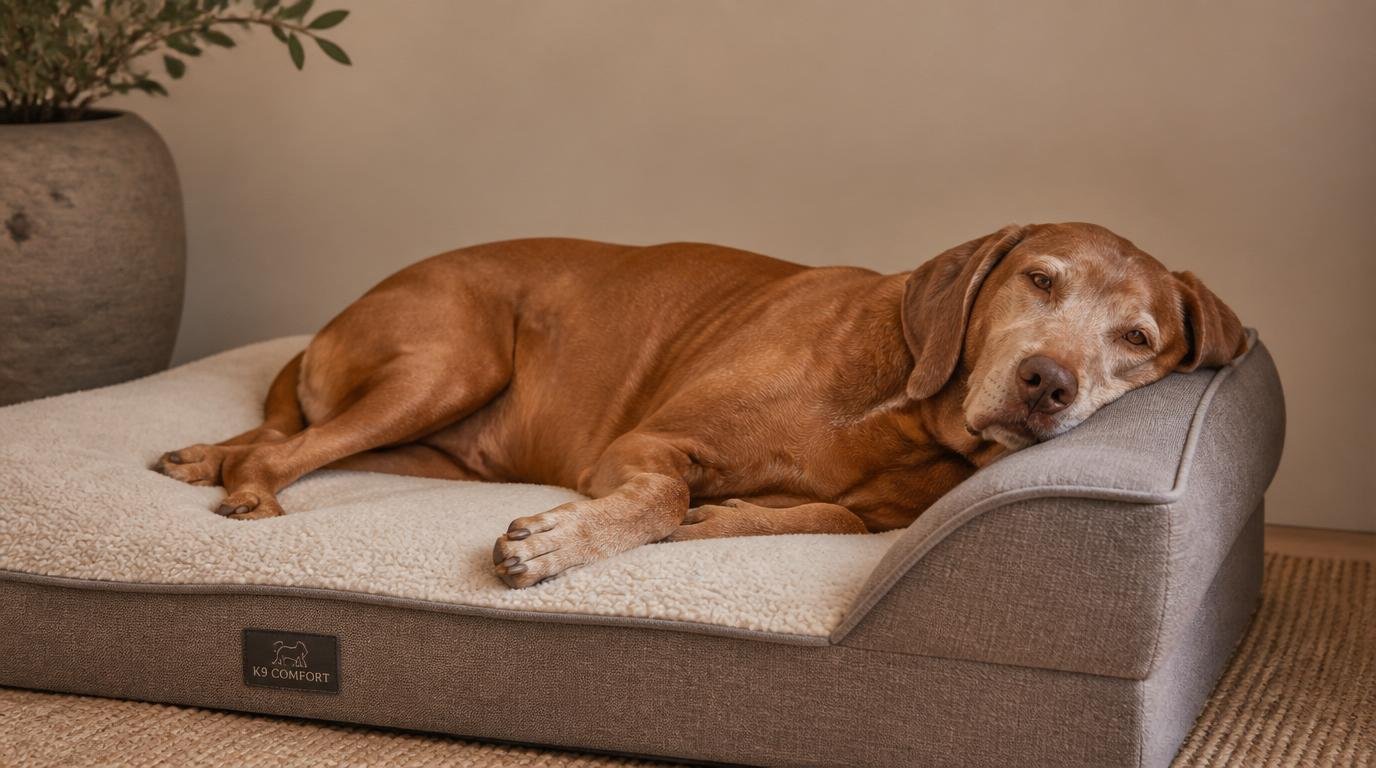 Senior Vizsla met korte bruine vacht ligt ontspannen op een grijze K9 Comfort orthopedische hondenmand, symbool voor gewrichtsondersteuning en rust bij oudere honden