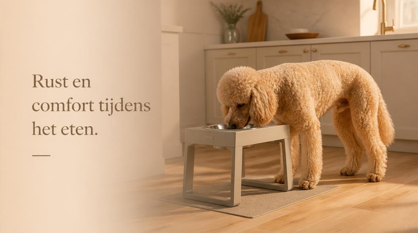 Poedel eet rustig uit een verhoogde beige voerbak in een warme keuken, ergonomisch design voor senior honden.