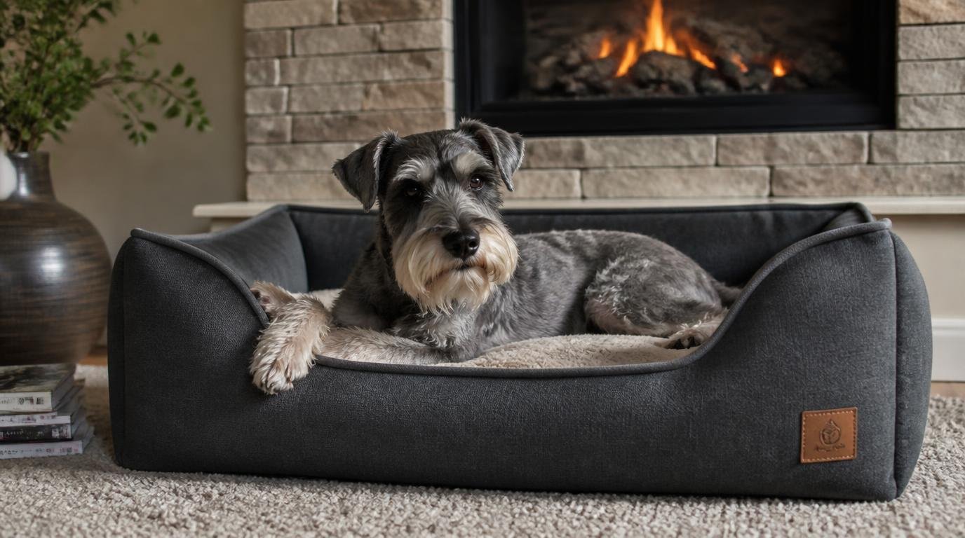 Schnauzer ligt ontspannen in een donkergrijze orthopedische hondenmand voor een brandend haardvuur in een warme woonkamer.