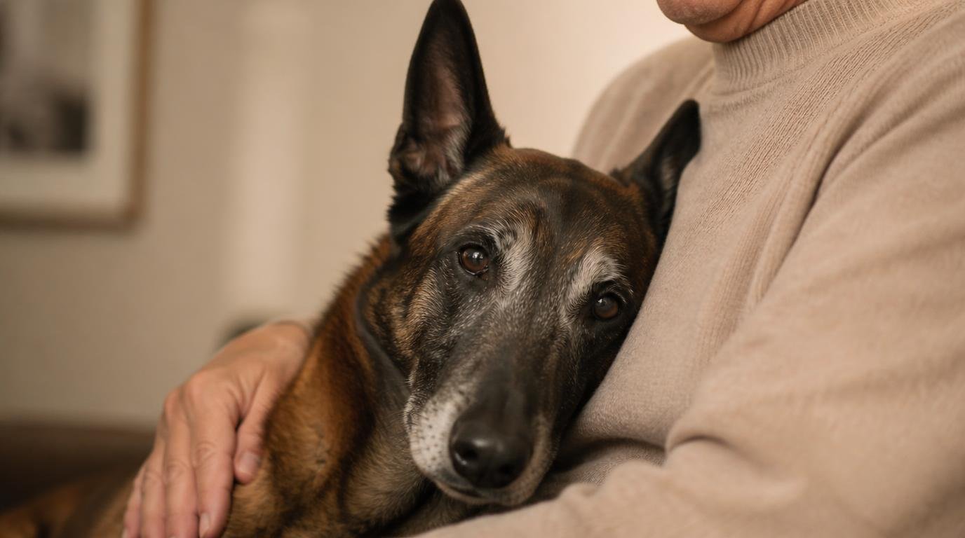 Senior Belgische herder rust met hoofd tegen eigenaar in warme huiselijke omgeving
